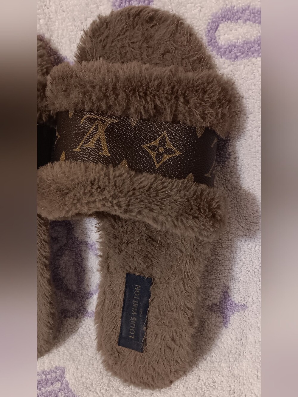 Louis Vuitton Brown Monogram Faux-Fur Slide Sandals - Picture 2 of 9